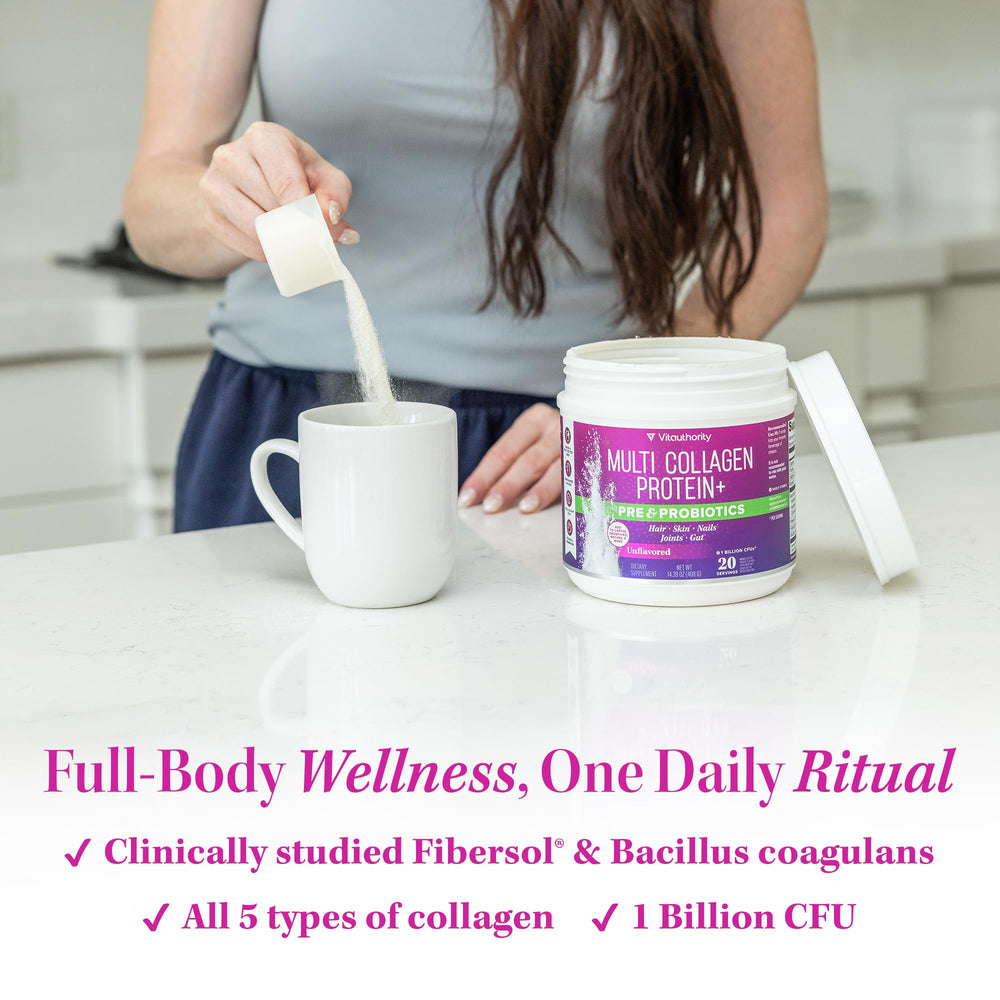 VitaAuthority Multi Collagen Probiotics bottle being poured into water for daily use.