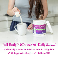 VitaAuthority Multi Collagen Probiotics bottle being poured into water for daily use.