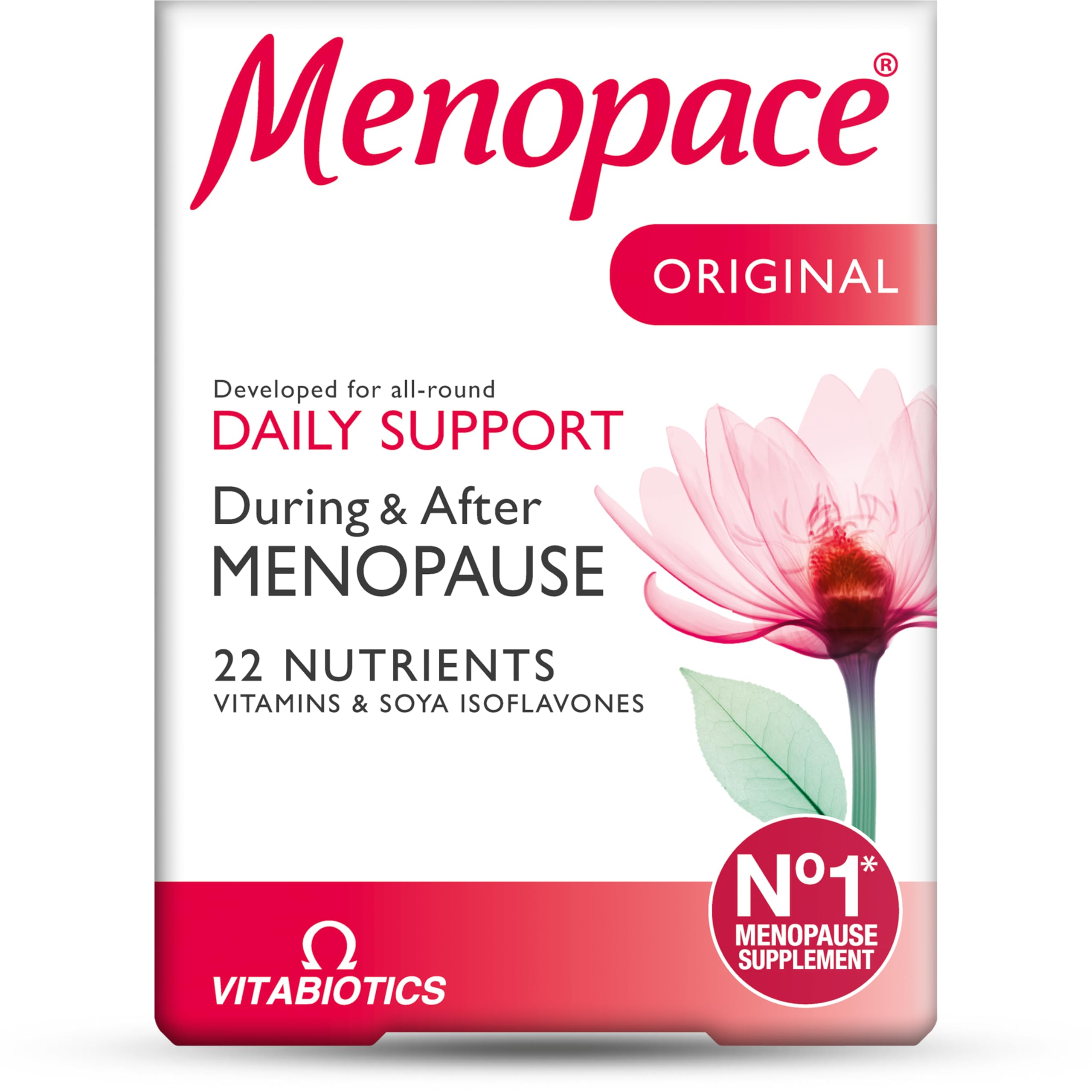 Vitabiotics Menopace Tab 90-count bottle, vegetarian-friendly daily supplement.