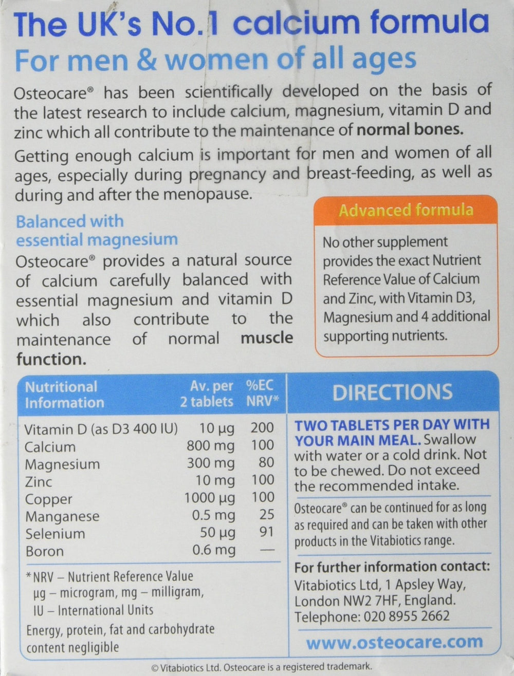Vitabiotics Osteocare packaging on shelf conveys trusted daily mineral support.