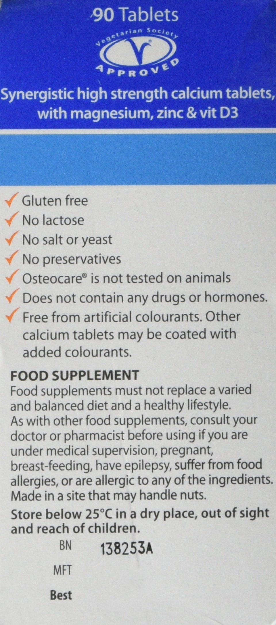 Vitabiotics Osteocare tablets close-up, small easy-to-swallow calcium-focused capsules.