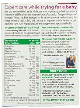 Vitabiotics Pregnacare Conception 30s packaging box displayed, convenient bundle for planned pregnancy.