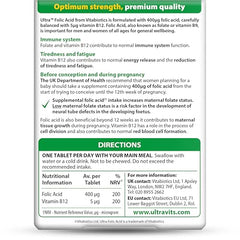 Vitabiotics Ultra Folic Acid 400ug bottle-pour demonstrates easy daily dosing