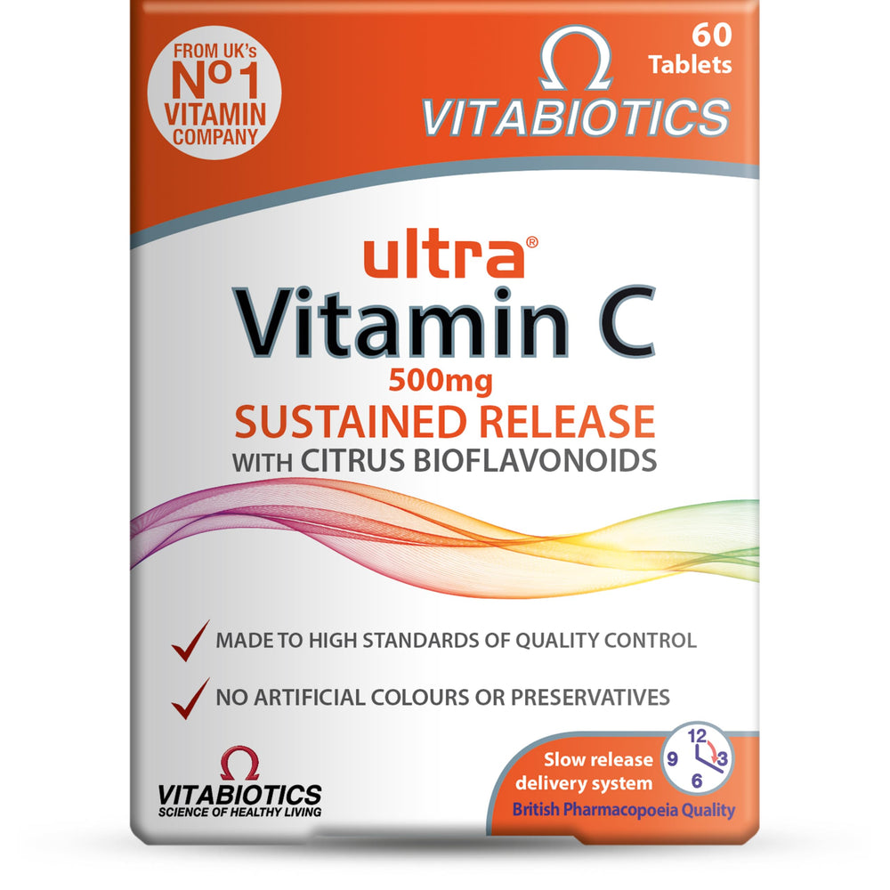 Vitabiotics Ultra Vitamin C bottle close-up showing tablets for steady daily support.