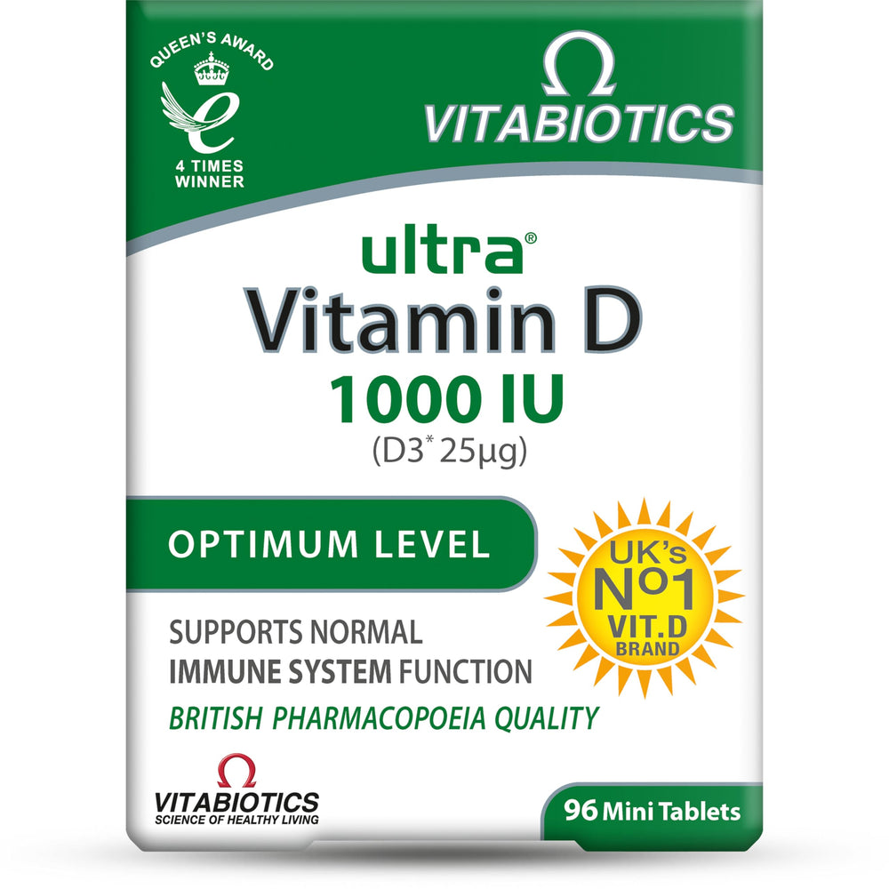 Vitabiotics Ultra Vitamin D bottle front view highlighting branding and daily immune support potential.