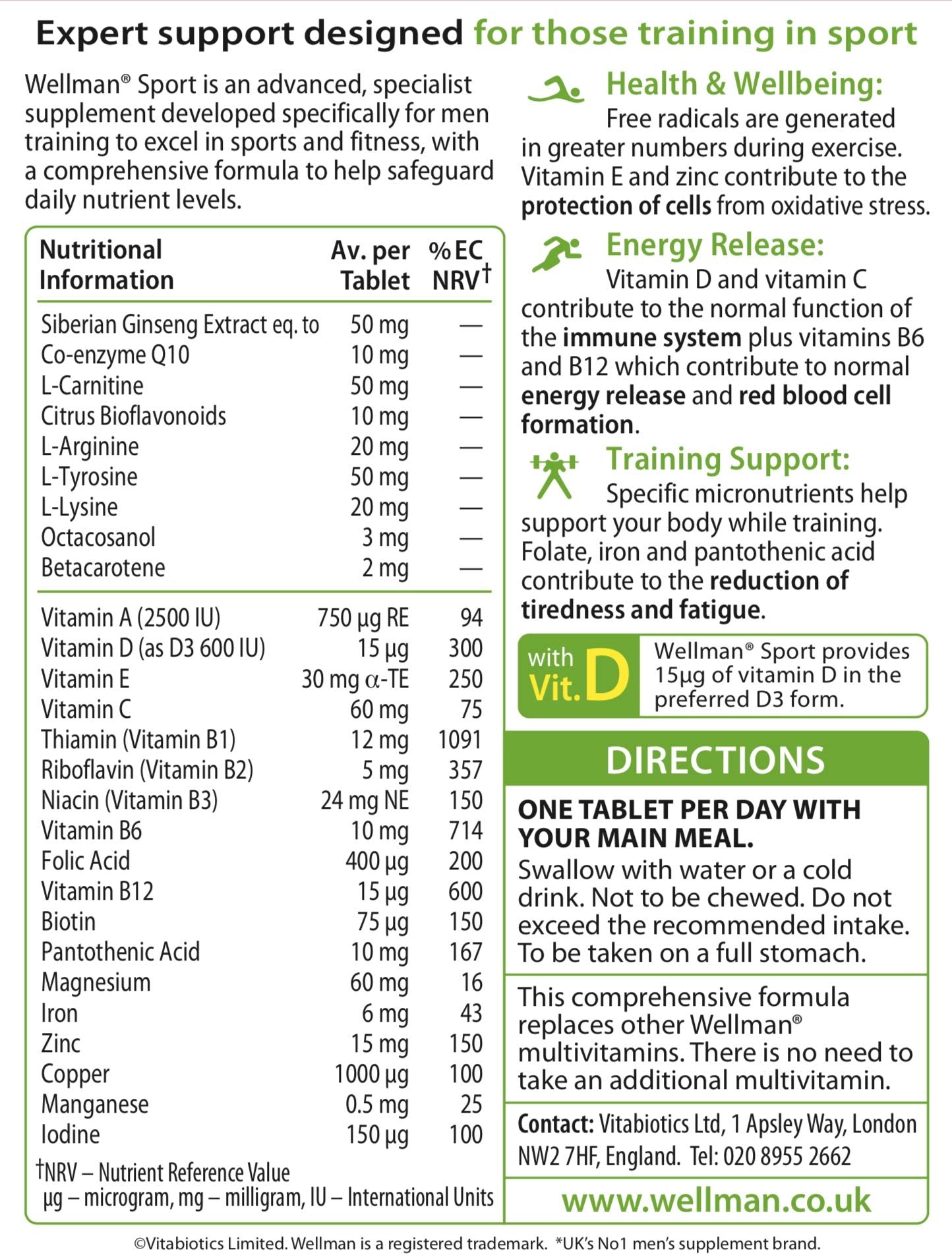 Vitabiotics Wellman Sport nutrition label visible on packaging.