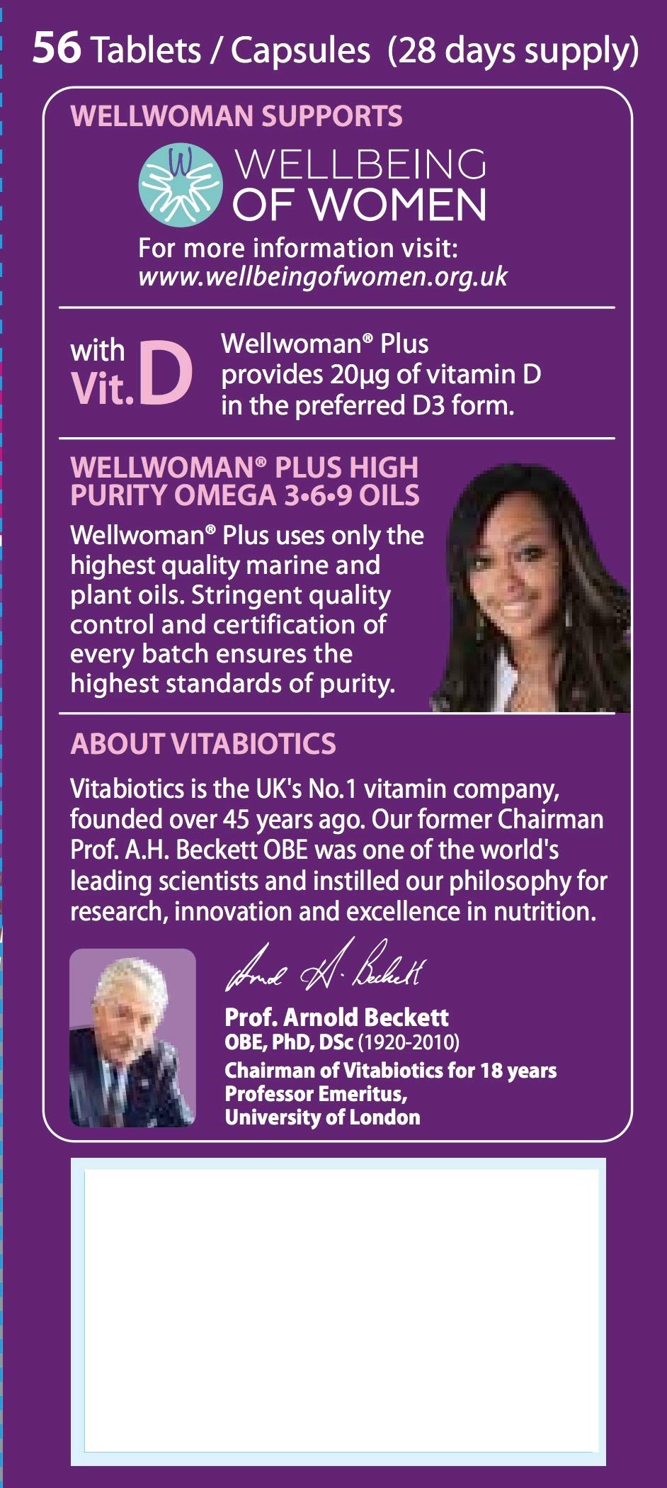 Wellwoman Plus bottle label closeup emphasizes B vitamins supporting energy release.