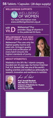 Wellwoman Plus bottle label closeup emphasizes B vitamins supporting energy release.