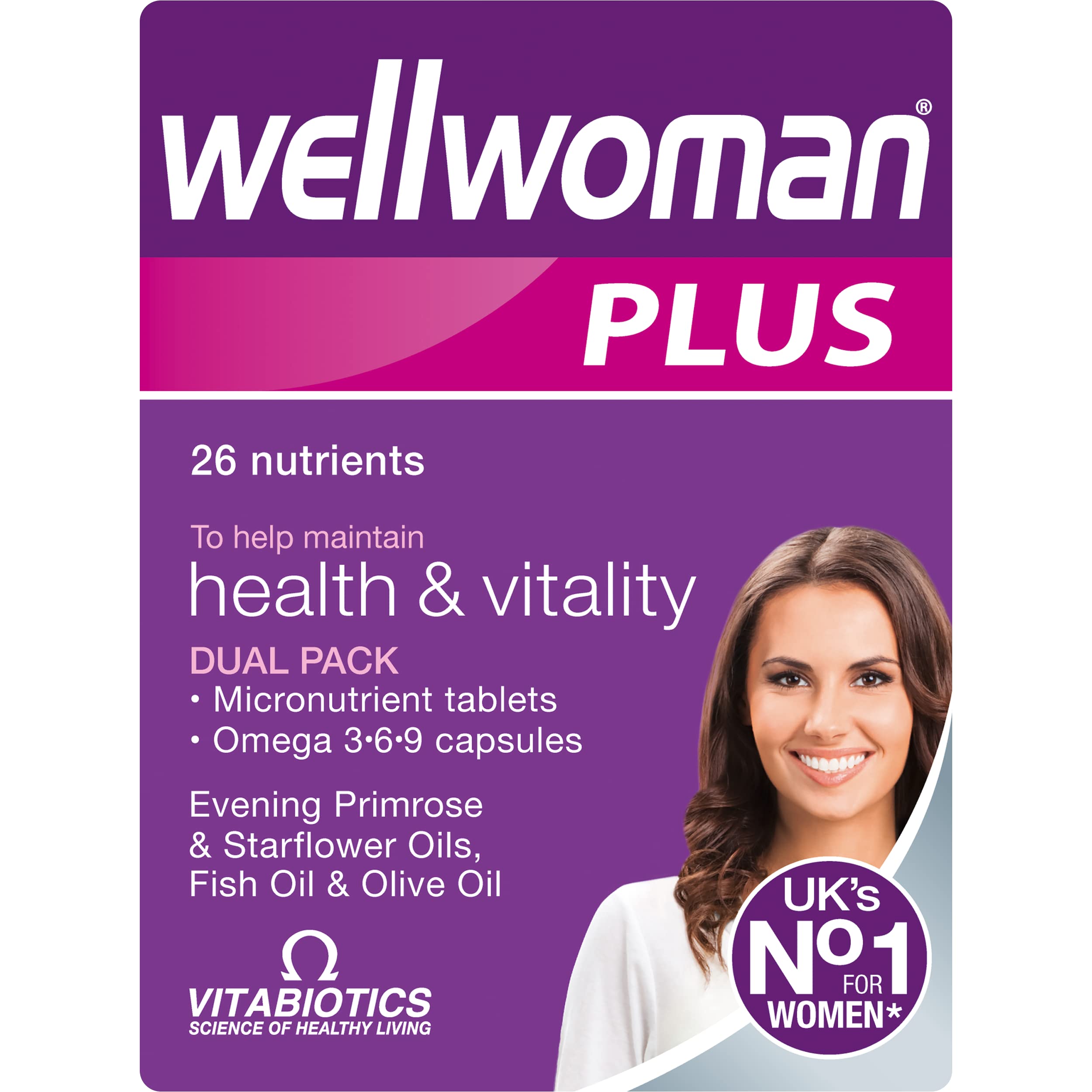 Wellwoman Plus tablets bottle front highlights daily vitality nutrients for wellness.