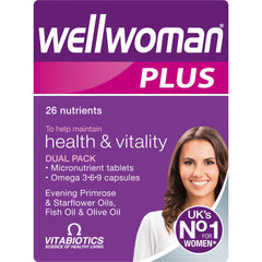 Wellwoman Plus tablets bottle front highlights daily vitality nutrients for wellness.