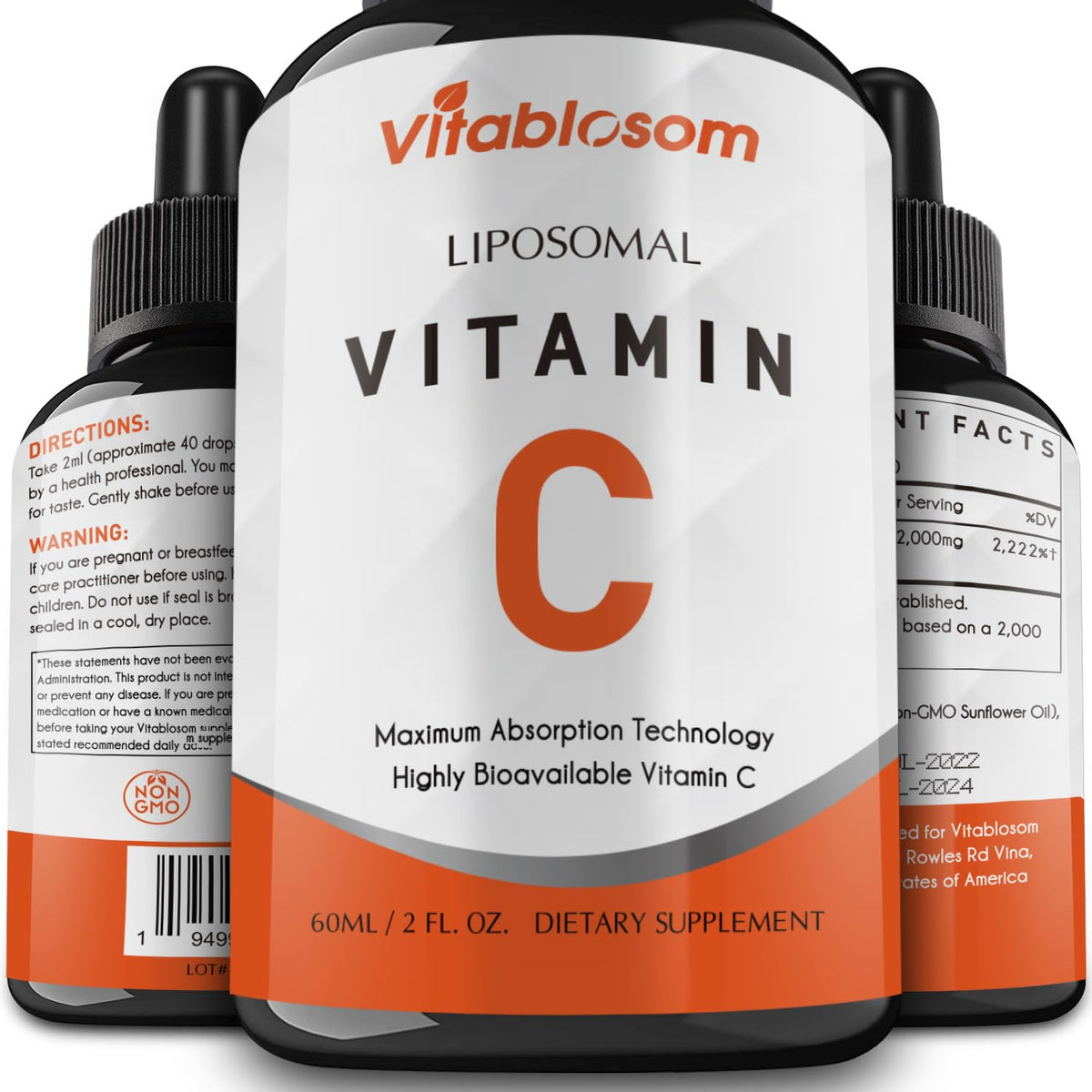 Vitablosom Liposomal Vitamin C bottle pour for easy daily dosing and immune support.