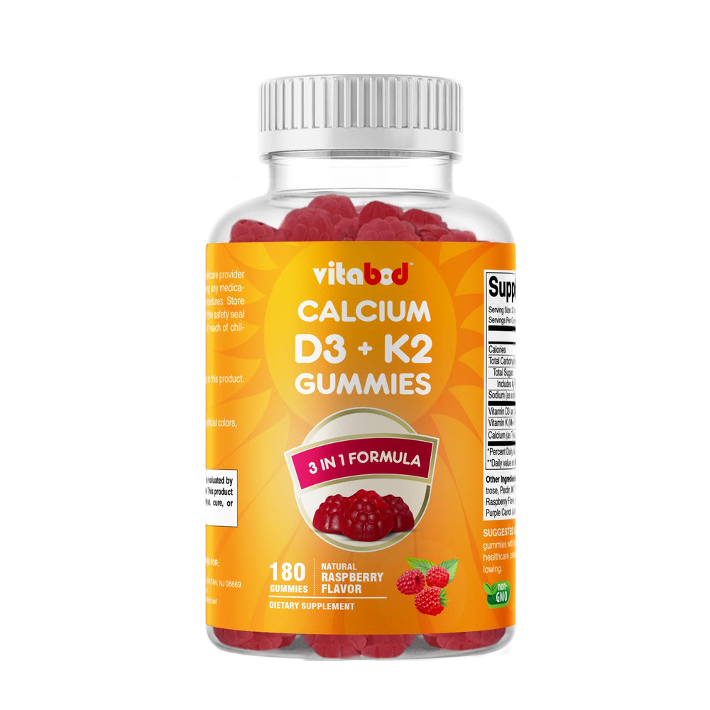 Vitabod D3 K2 raspberry bottle shows vegan calcium transport support