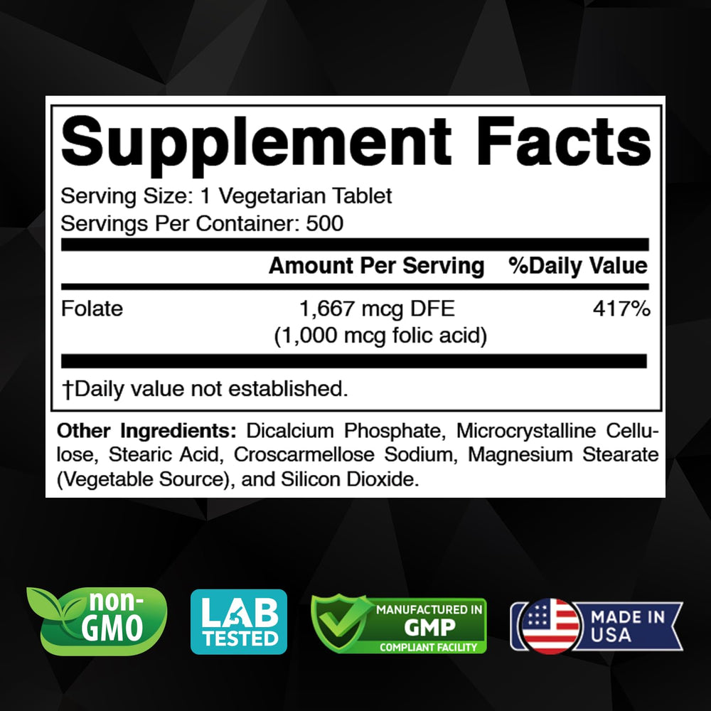Vitabod Folic Acid bottle back shows nutrition facts for daily prenatal use