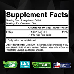 Vitabod Folic Acid bottle back shows nutrition facts for daily prenatal use