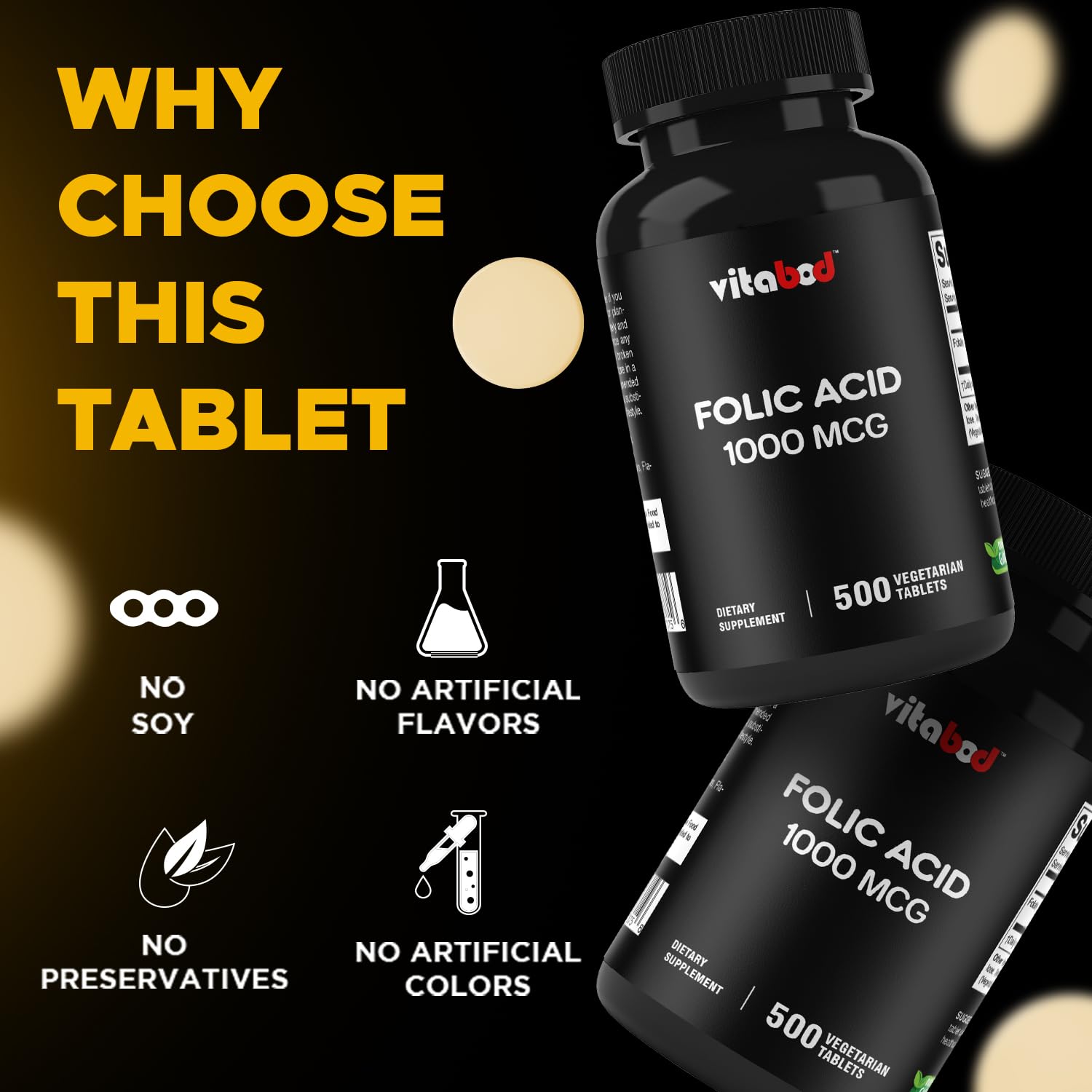 Vitabod Folic Acid bottle on kitchen counter, convenient daily prenatal option