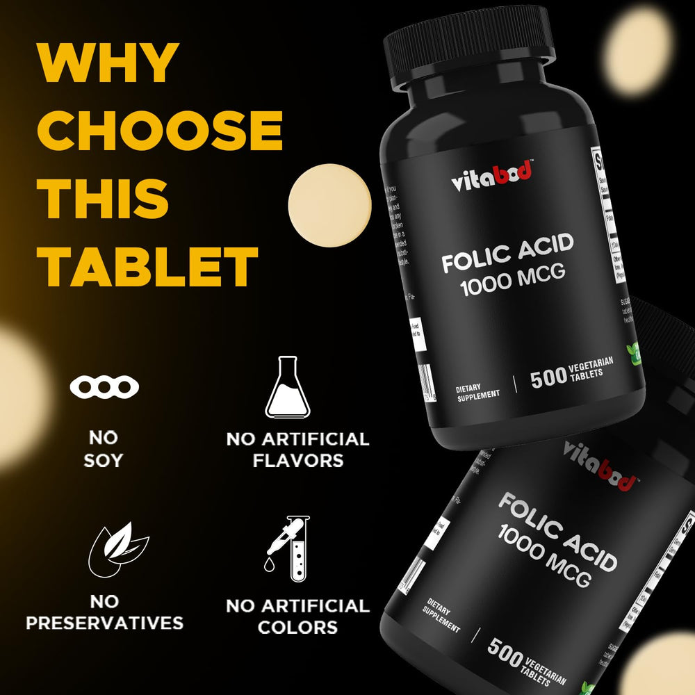 Vitabod Folic Acid bottle on kitchen counter, convenient daily prenatal option