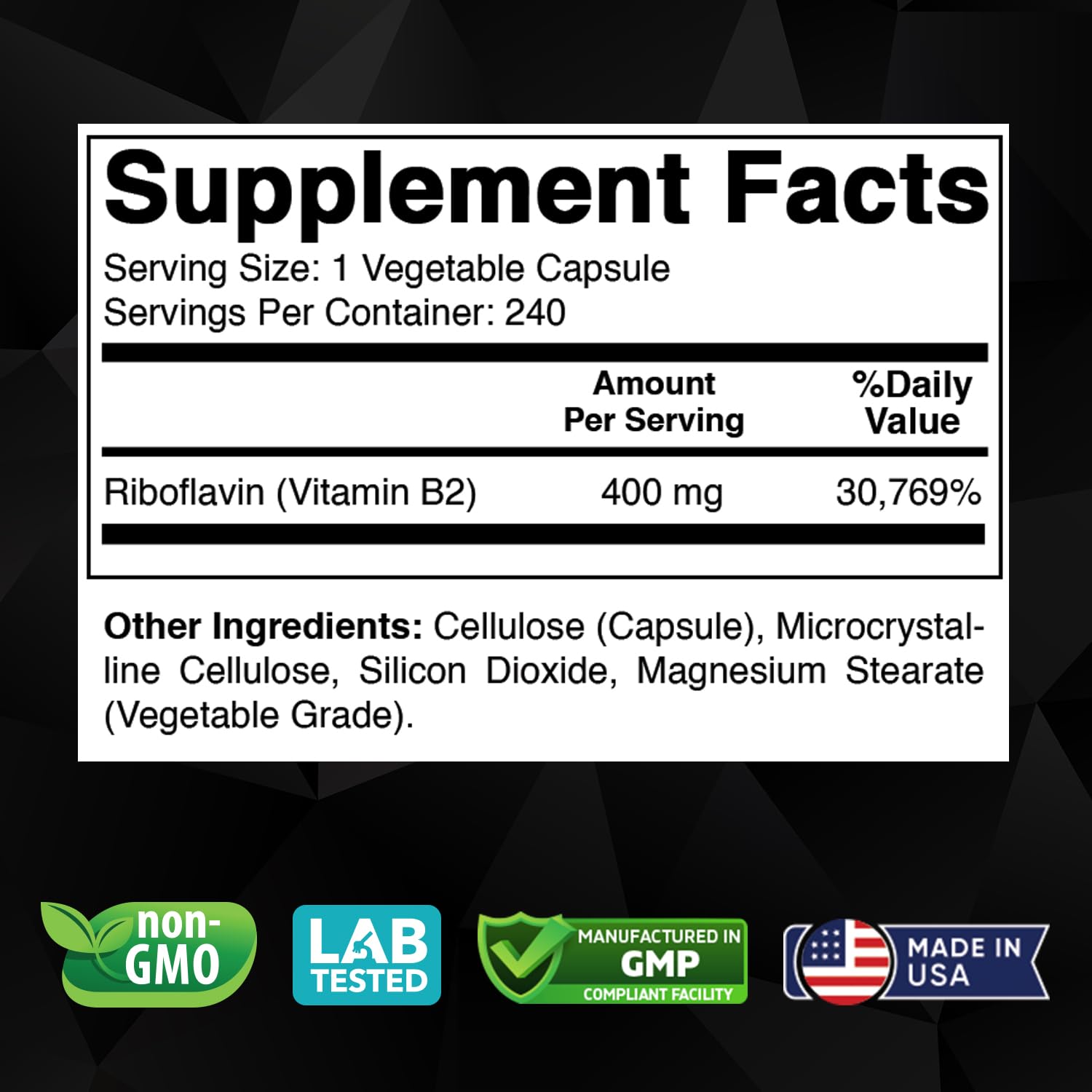 Vitabod Riboflavin capsules inside bottle for daily use.