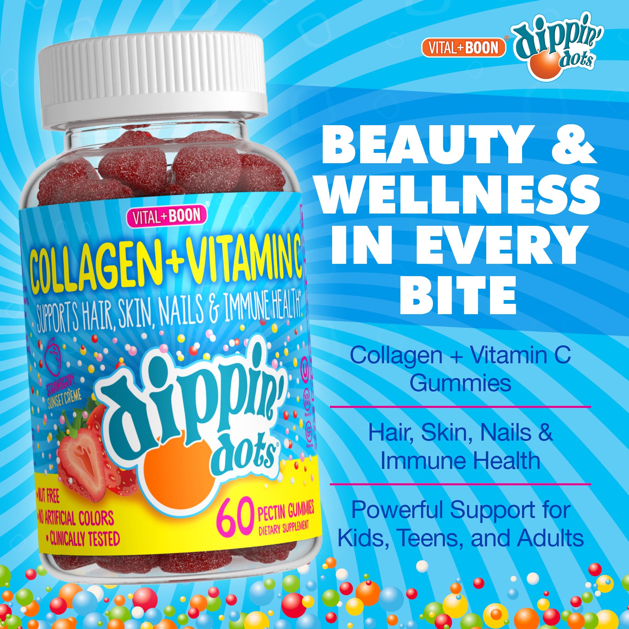 Vital+Boon Dippin' Dots gummies close-up showing strawberry sunset creme flavor.