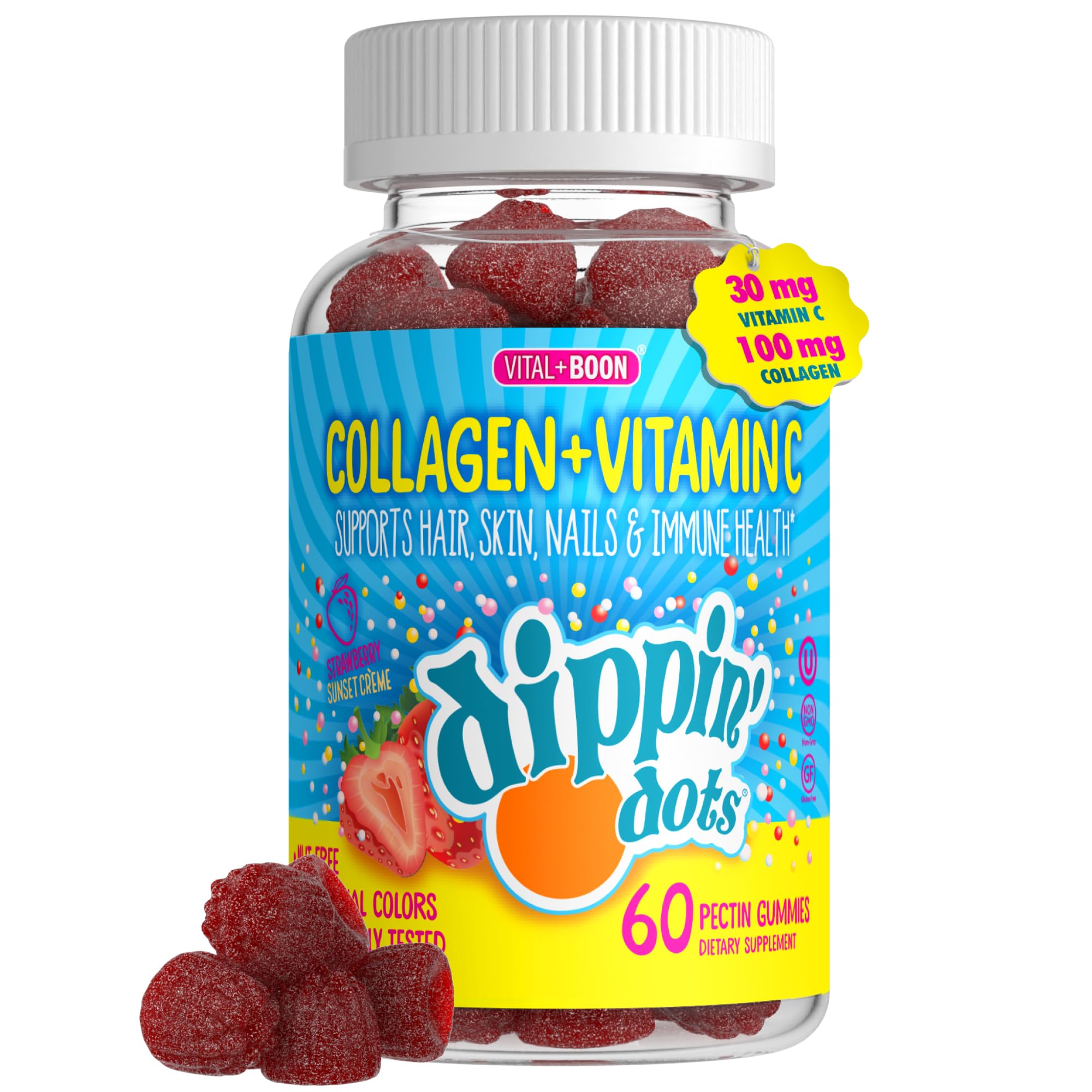 Vital+Boon Dippin' Dots bottle front ready for daily collagen and vitamin C support.