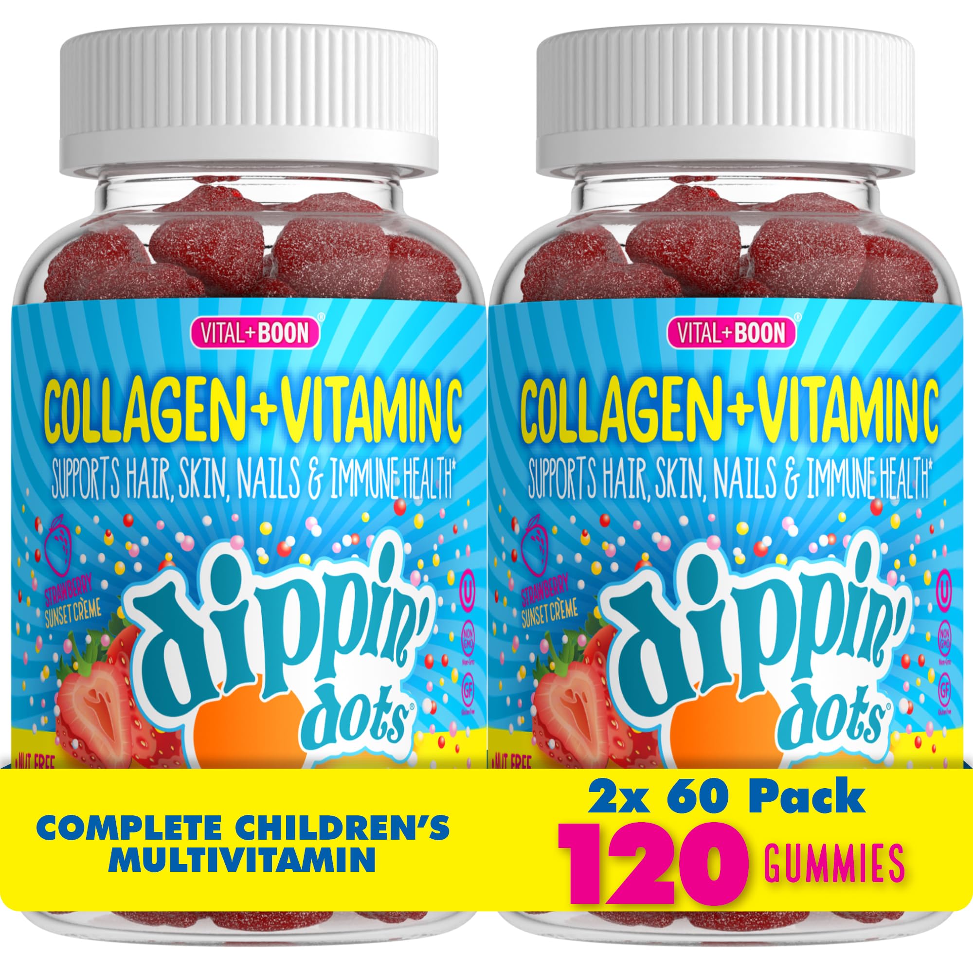 Vital+Boon Dippin' Dots collagen vitamin C gummies Strawberry Sunset Creme bottle front for skin and immune support