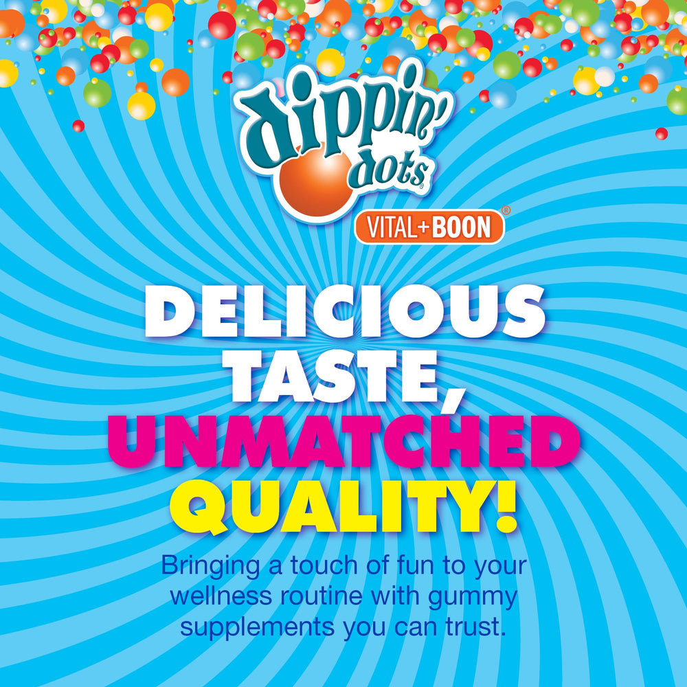 Vital+Boon Dippin' Dots gummy in hand for a convenient wellness moment.