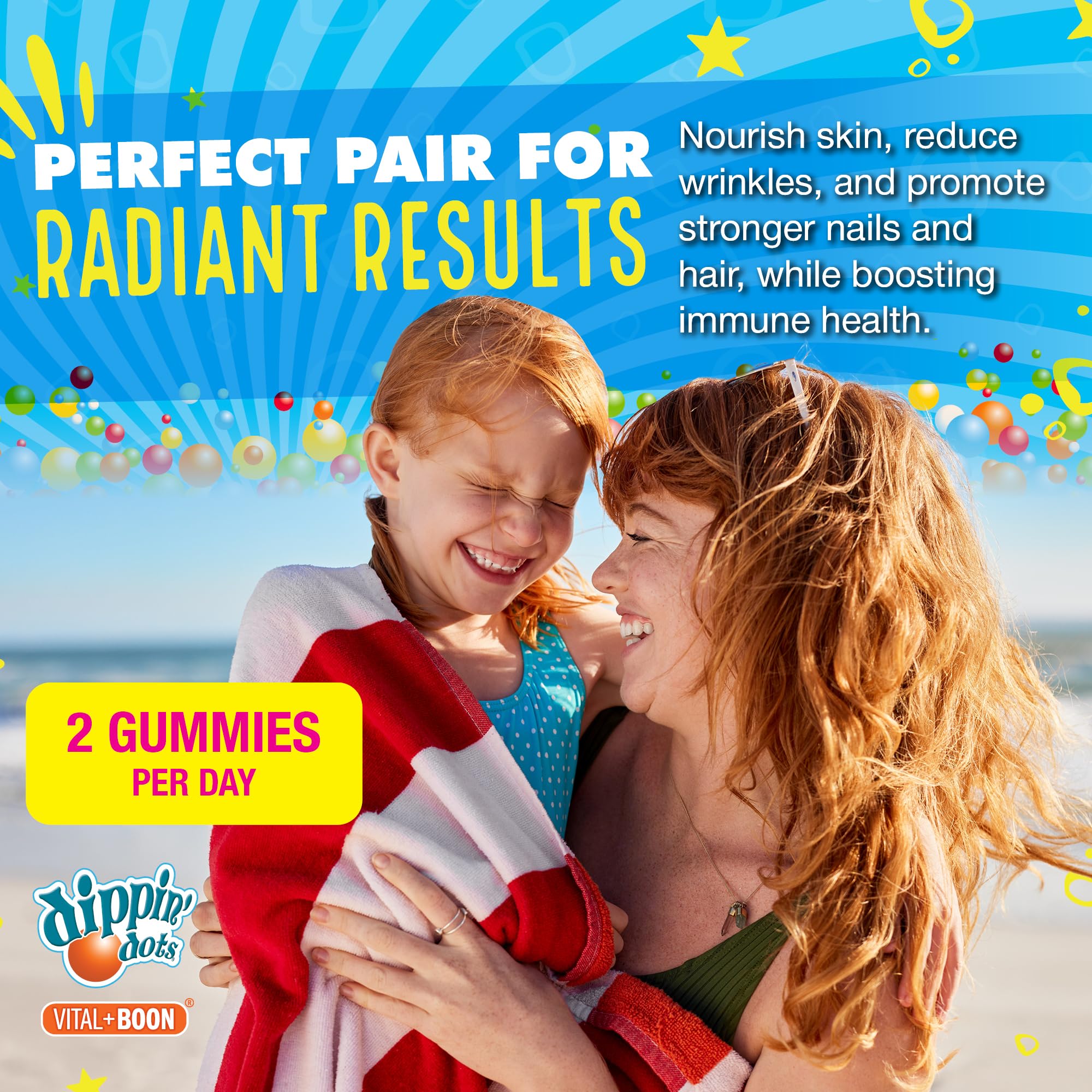 Vital+Boon Dippin' Dots label highlights strawberry sunset creme and natural colorants.