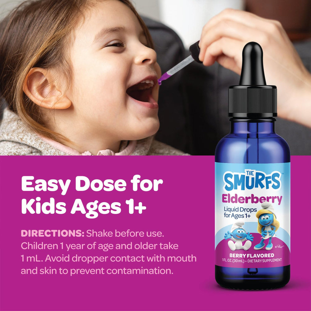 Berry-flavored Smurfs Elderberry Drops appealing to children during daily routine.