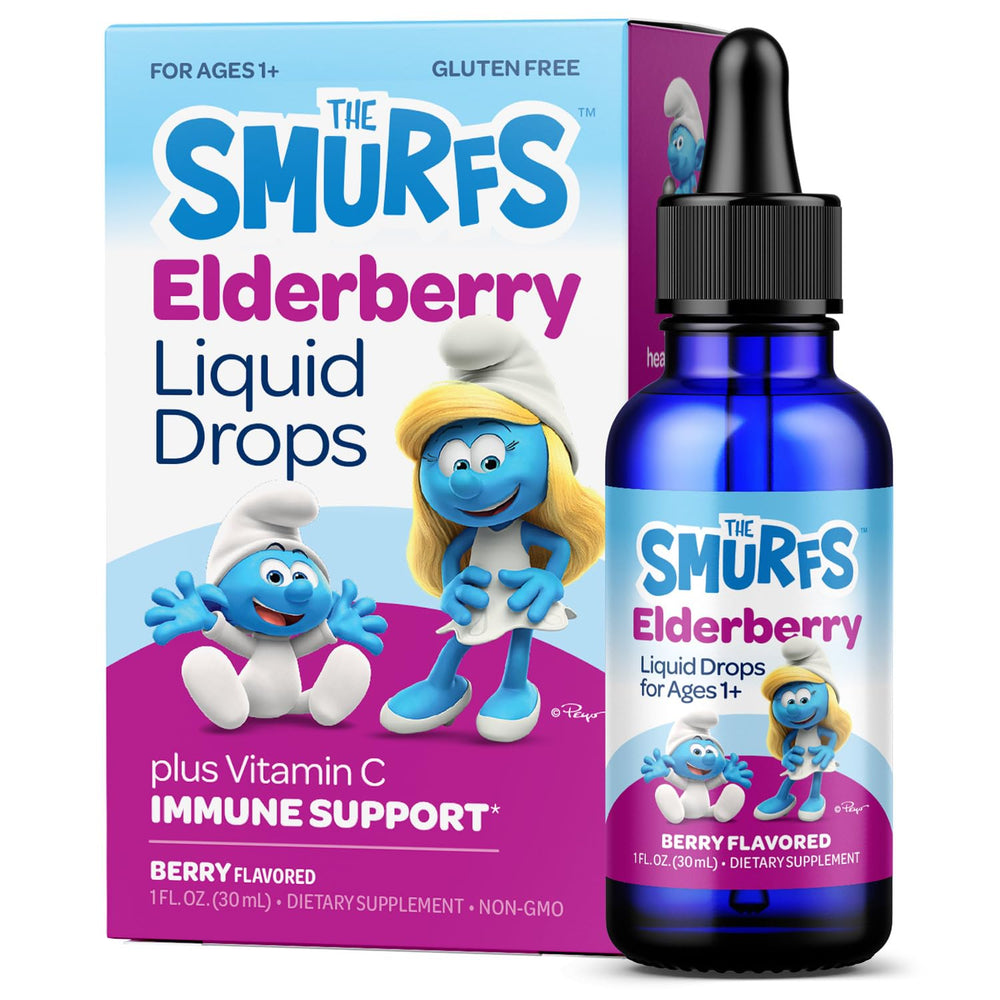 Vitaburst Smurfs Elderberry Drops bottle showing kid-friendly berry flavor for daily immune support.