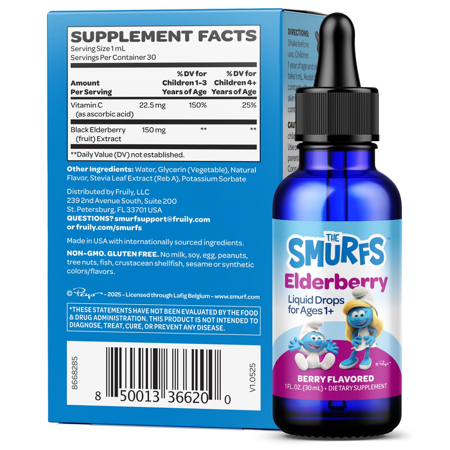 Close-up of Smurfs Elderberry Drops being poured to measure a 1 mL dose.