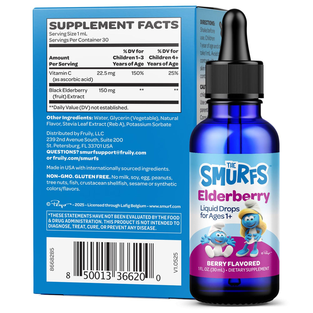 Close-up of Smurfs Elderberry Drops being poured to measure a 1 mL dose.