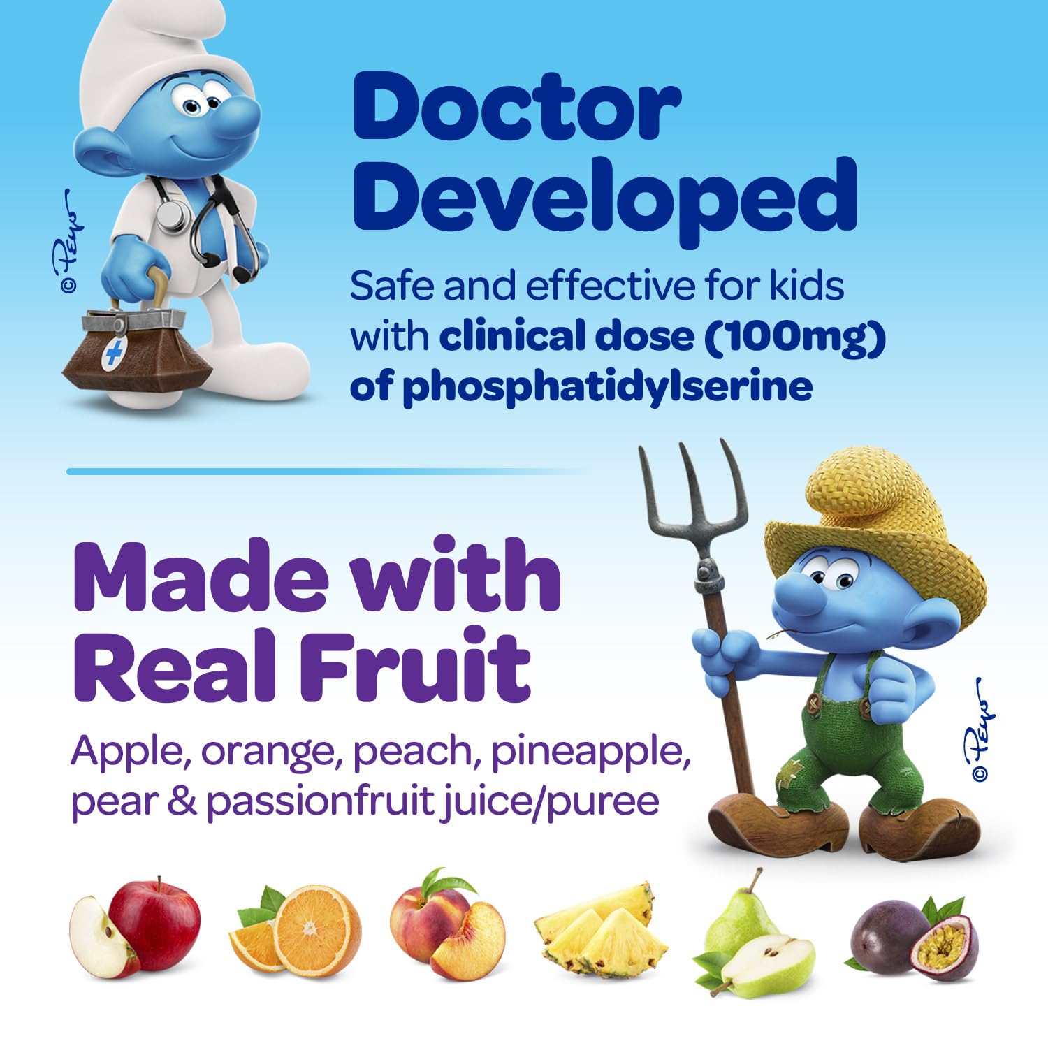 A child takes VITABURST Smurfs Focus Gummies during a study session.