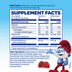 VITABURST Smurfs Focus Gummies on table with colorful real-fruit shapes.