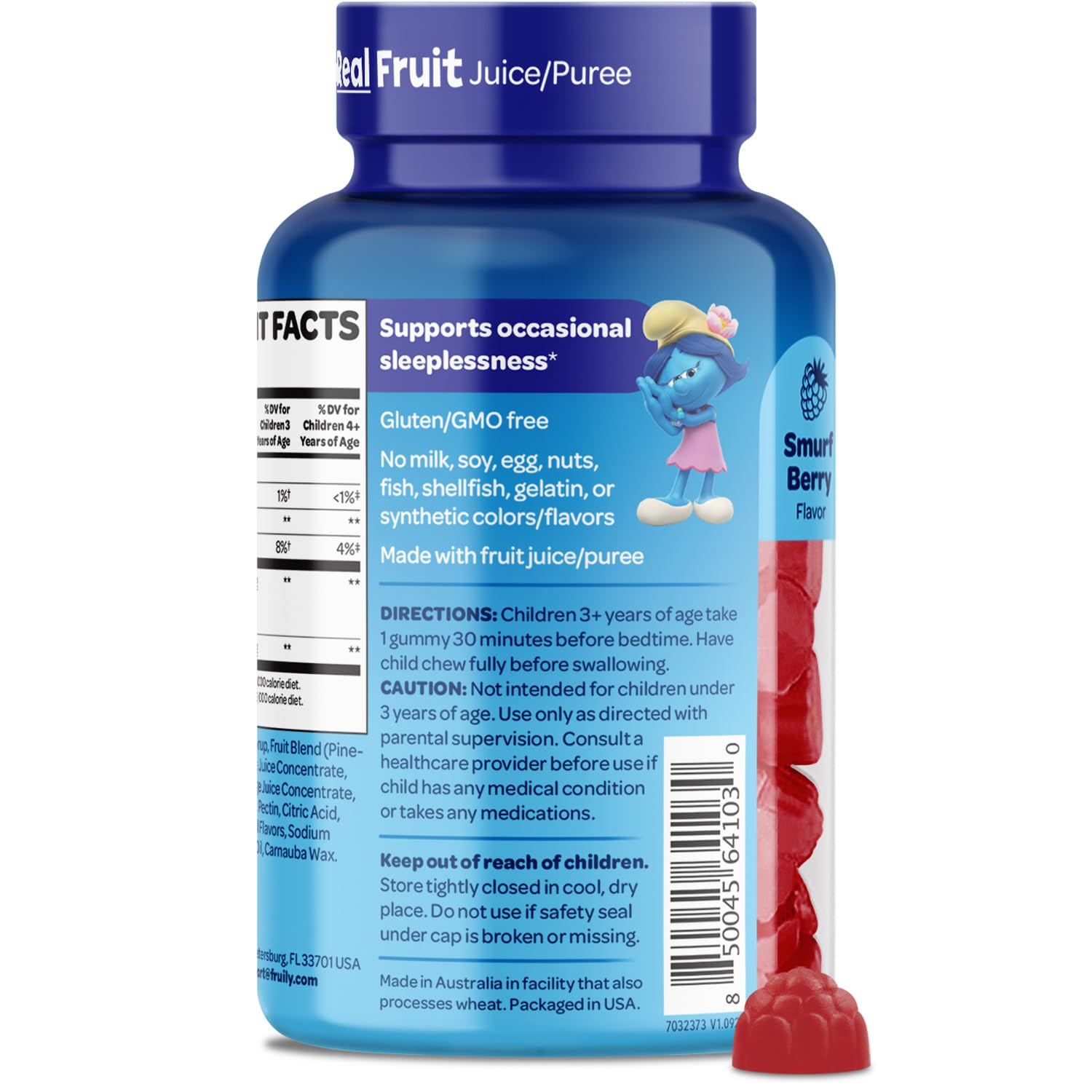 VITABURST Smurfs Gummies age 3plus label, kid-safe bedtime concept