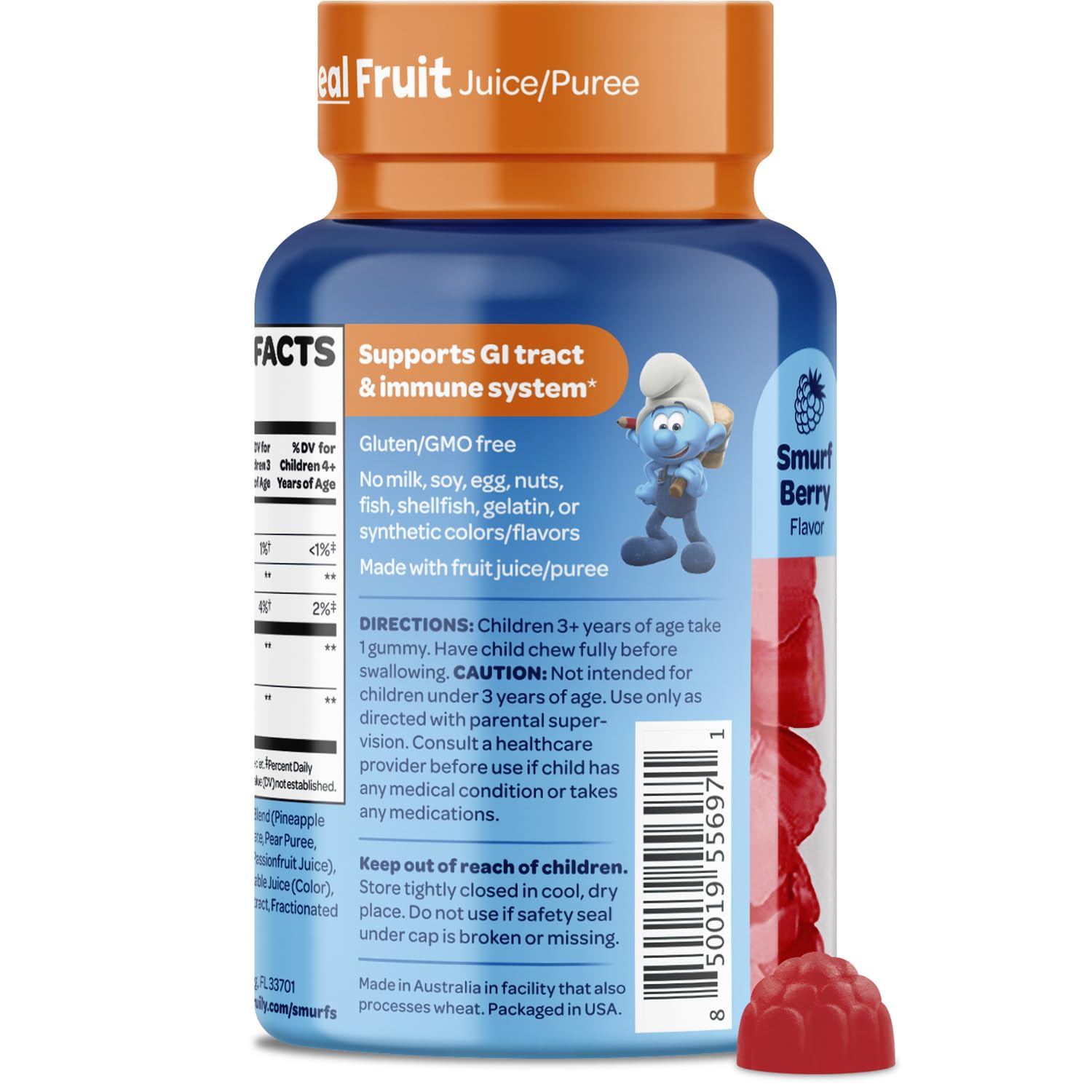 Vitaburst Smurfs Gummies allergen-free label for family safety.