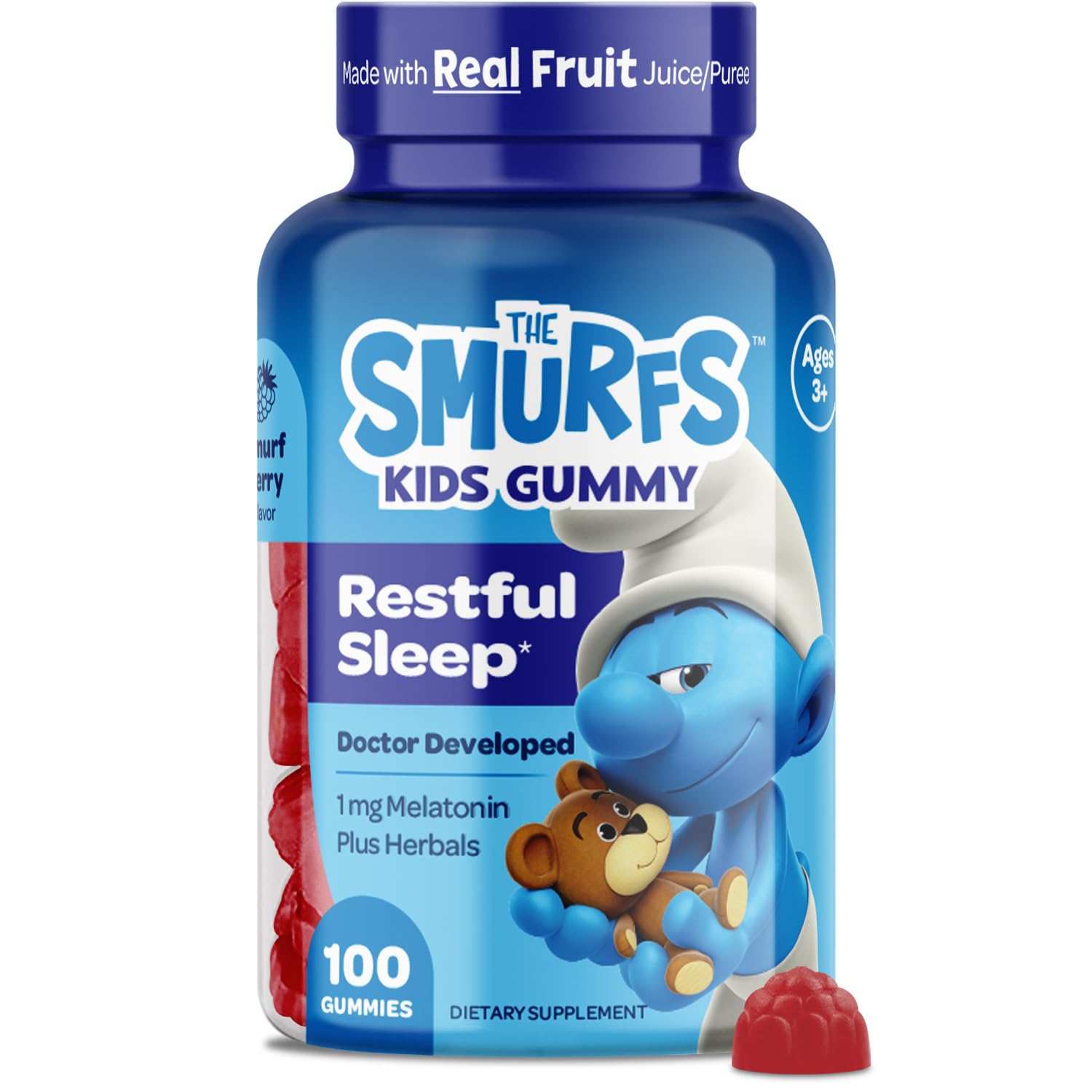 VITABURST Smurfs Gummies bottle front view, kid-friendly packaging with Chamomile and Lemon Balm