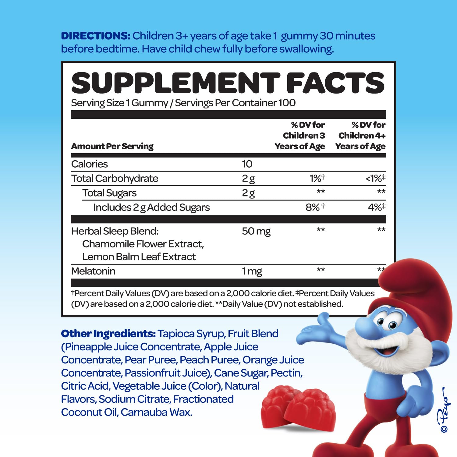 VITABURST Smurfs Gummies bottle side view for kids, easy-to-swallow chewable