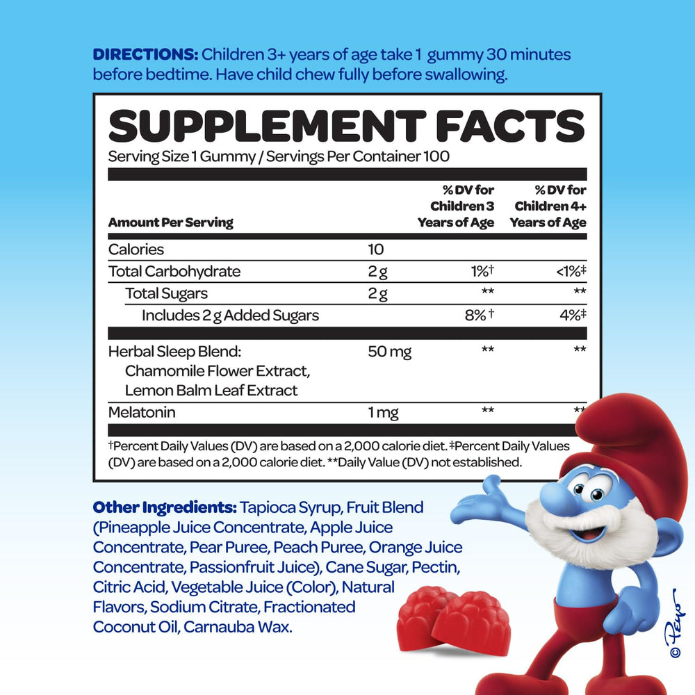 VITABURST Smurfs Gummies bottle side view for kids, easy-to-swallow chewable