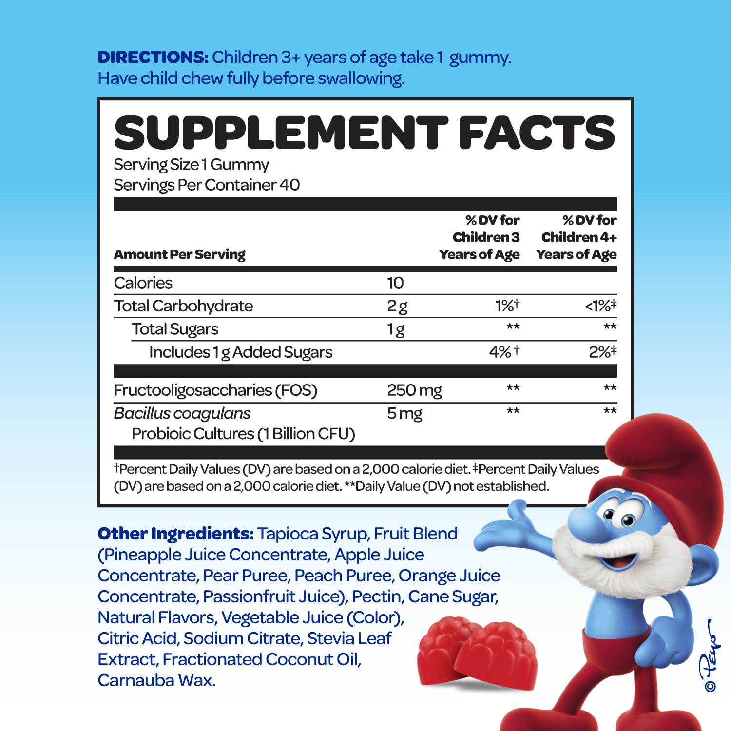 Vitaburst Smurfs Gummies real-fruit ingredients highlight natural flavor appeal.