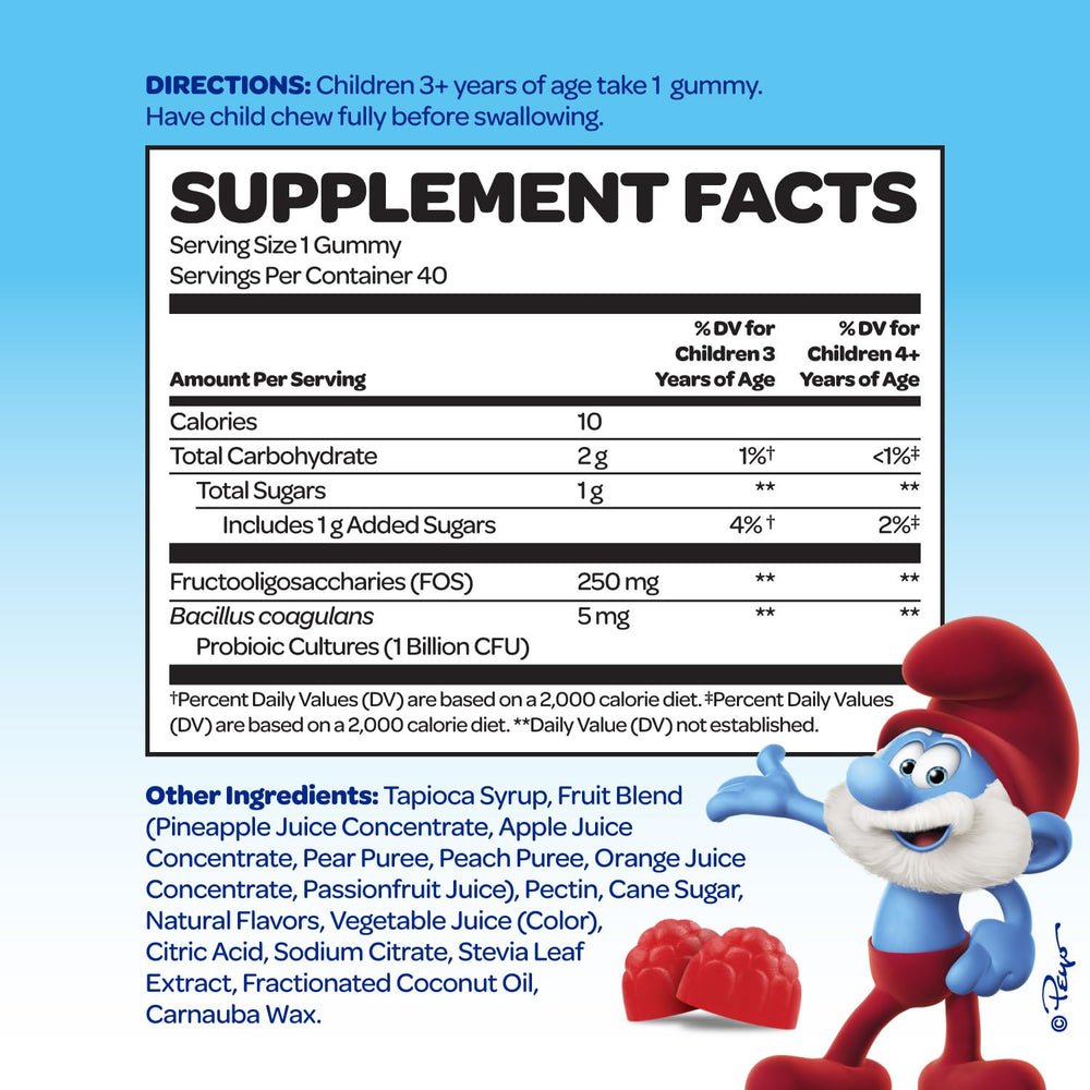 Vitaburst Smurfs Gummies real-fruit ingredients highlight natural flavor appeal.