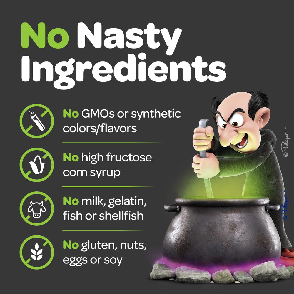 Vitaburst Smurfs Gummies ingredients panel highlights probiotic and prebiotic blend.