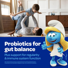 Vitaburst Smurfs Gummies jar closeup emphasizes soft texture for kids.