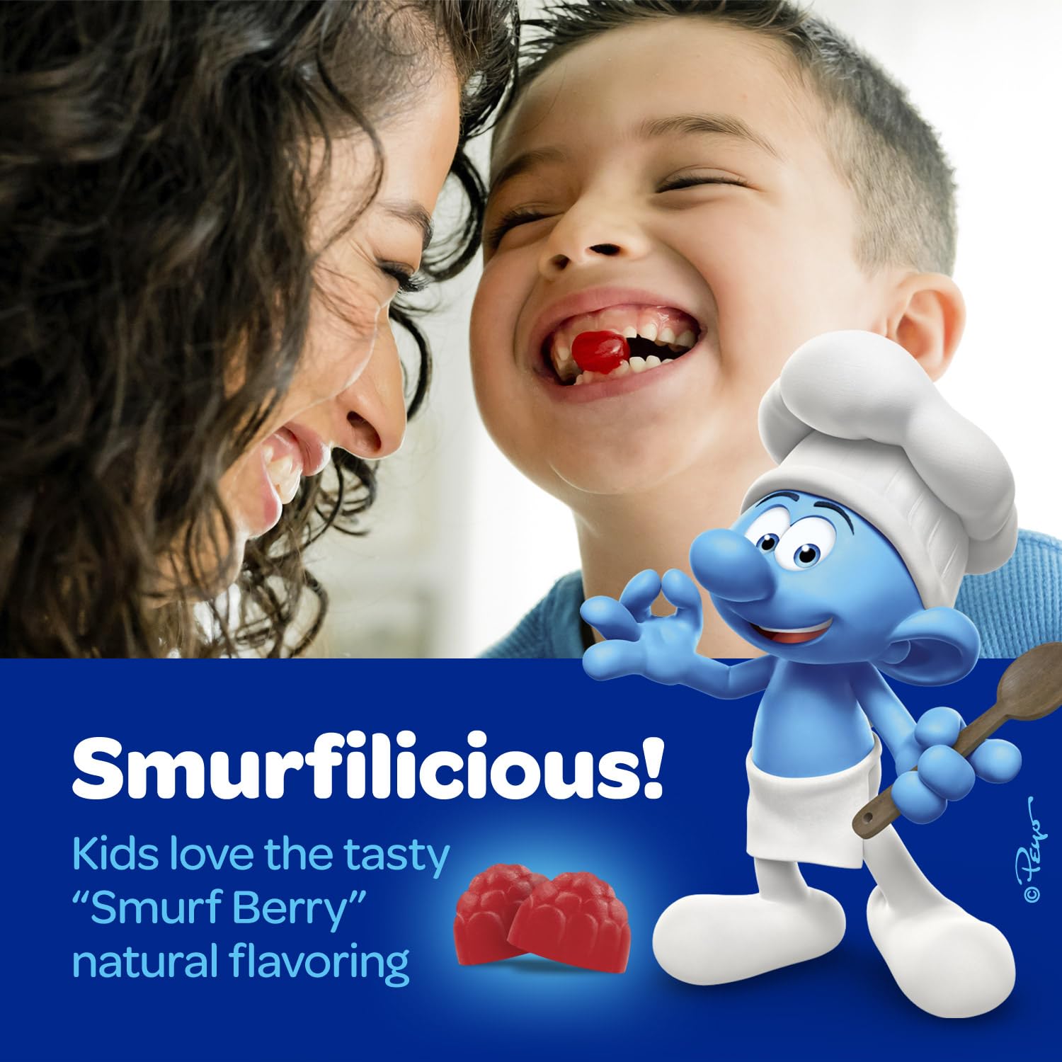 Vitaburst Smurfs Gummies packaging front showcases non-GMO and doctor-developed formulation.