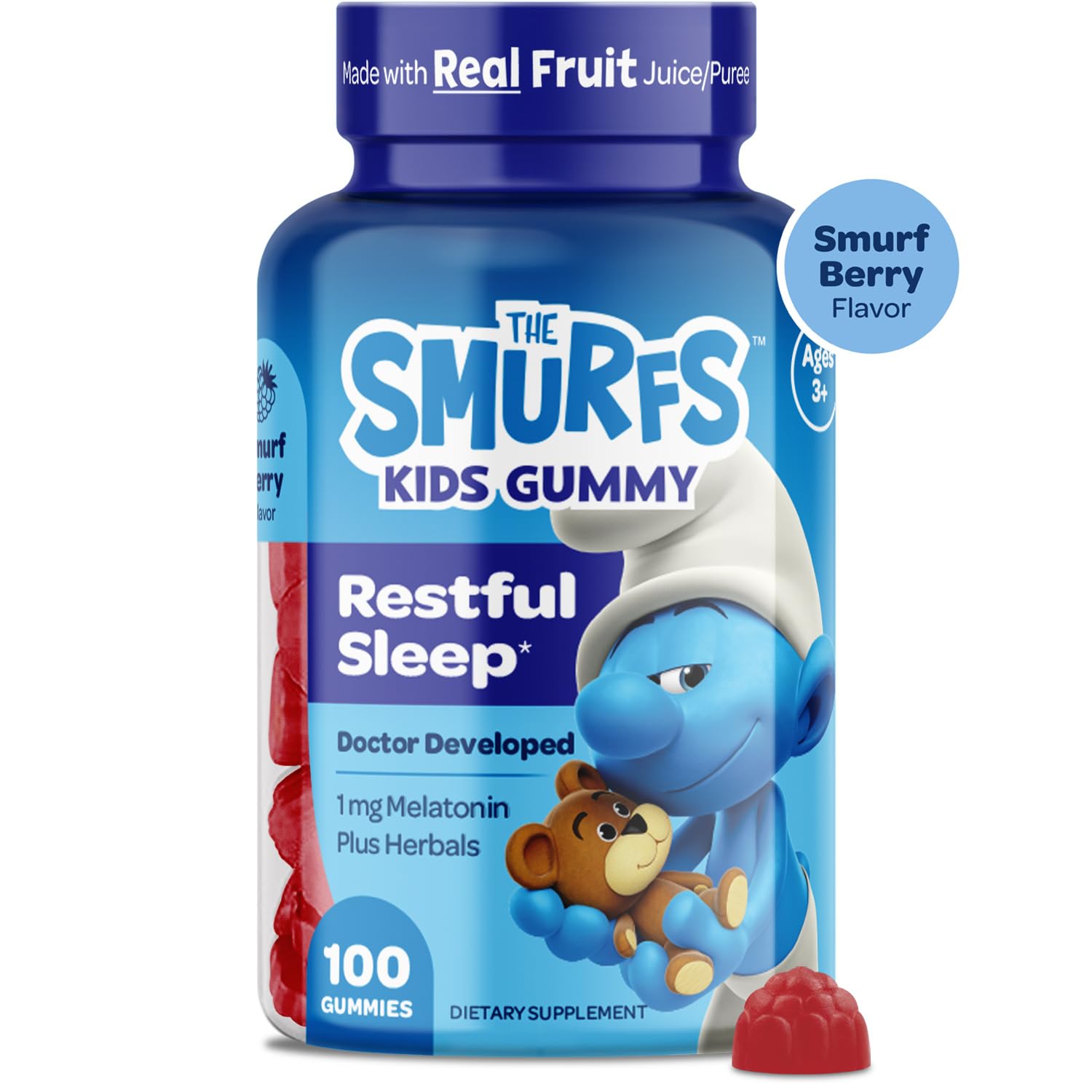 VITABURST Smurfs Gummies pack shot, highlights 100-count value for families