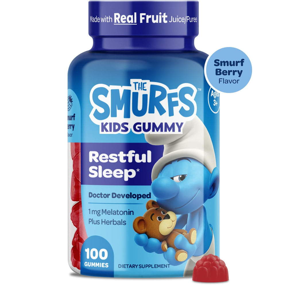 VITABURST Smurfs Gummies pack shot, highlights 100-count value for families