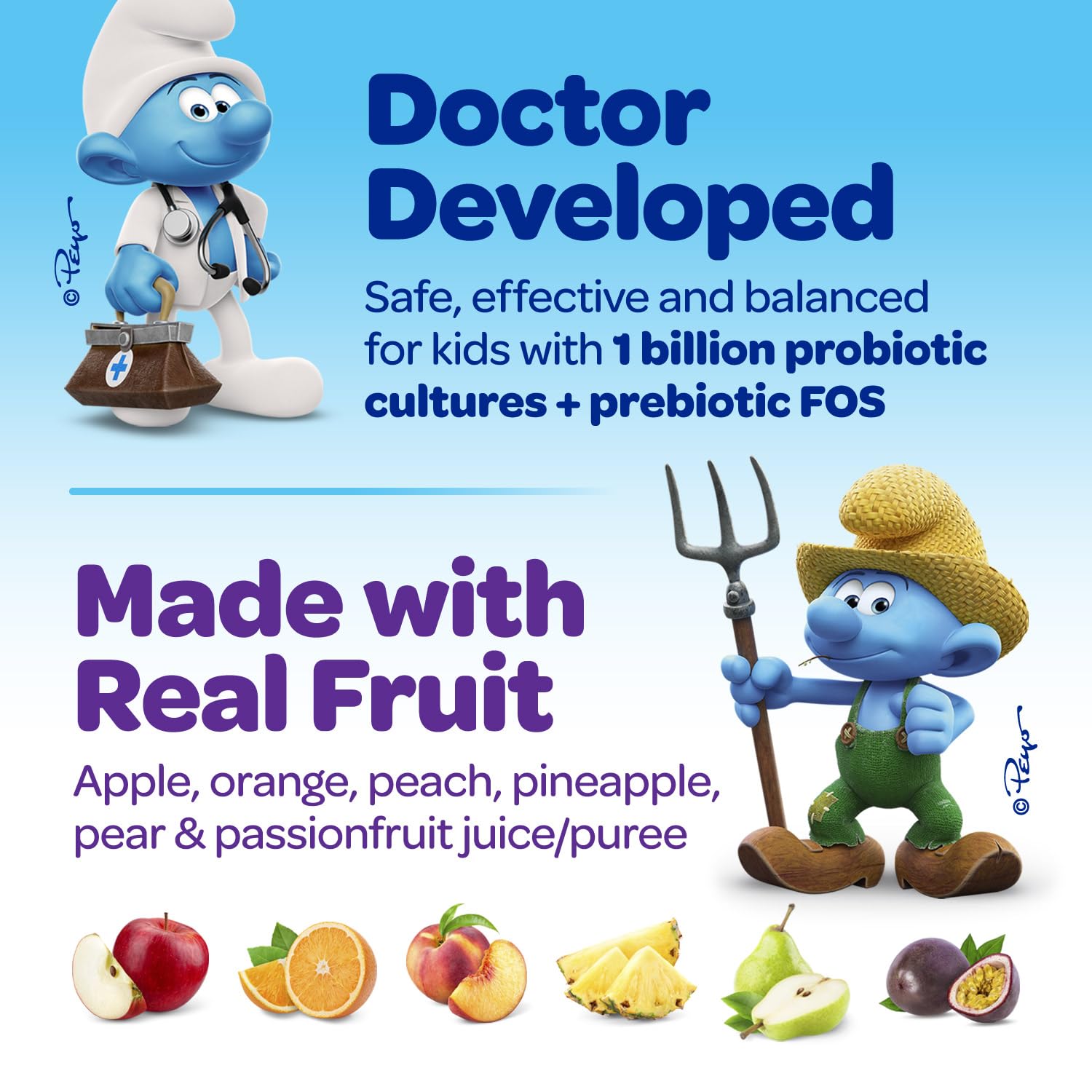Vitaburst Smurfs Gummies real fruit flavors suggest tasty, natural ingredients for kids.