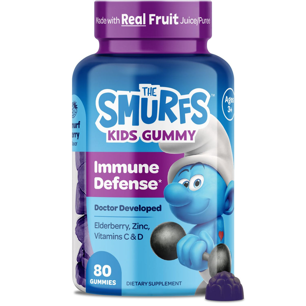 Vitaburst Smurfs Immune Defense bottle for kids supports immune health.