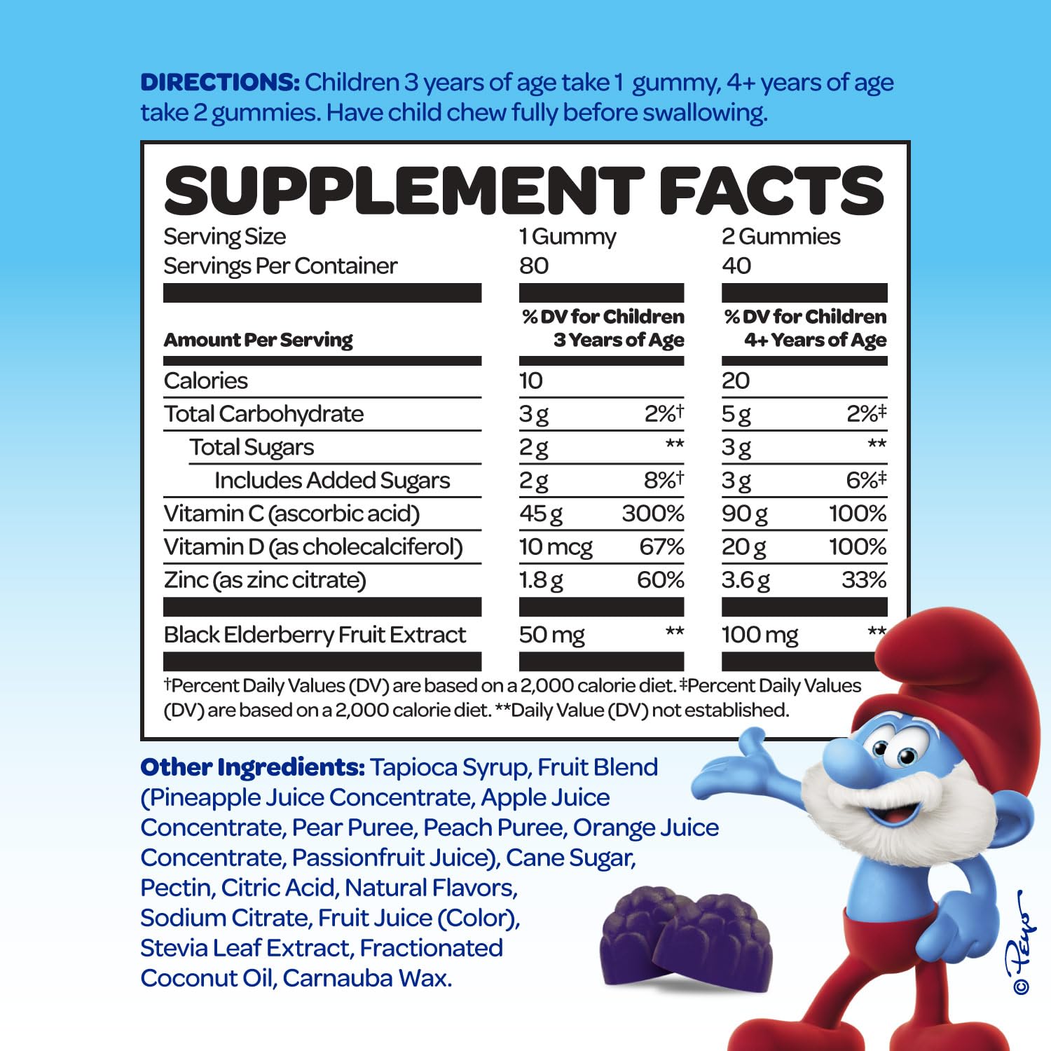 Close-up of Elderberry gummies from Vitaburst Smurfs Immune Defense for kids.