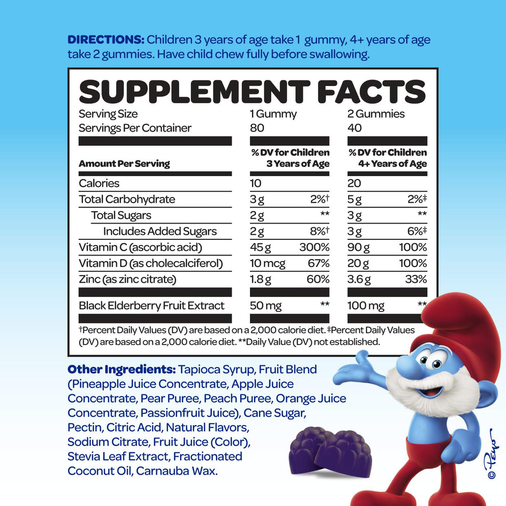Close-up of Elderberry gummies from Vitaburst Smurfs Immune Defense for kids.