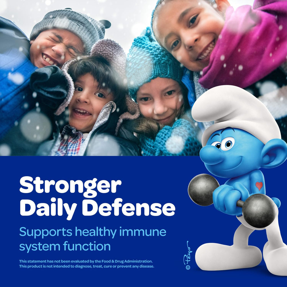 Vitaburst Smurfs Immune Defense showing zinc and vitamins C and D include.