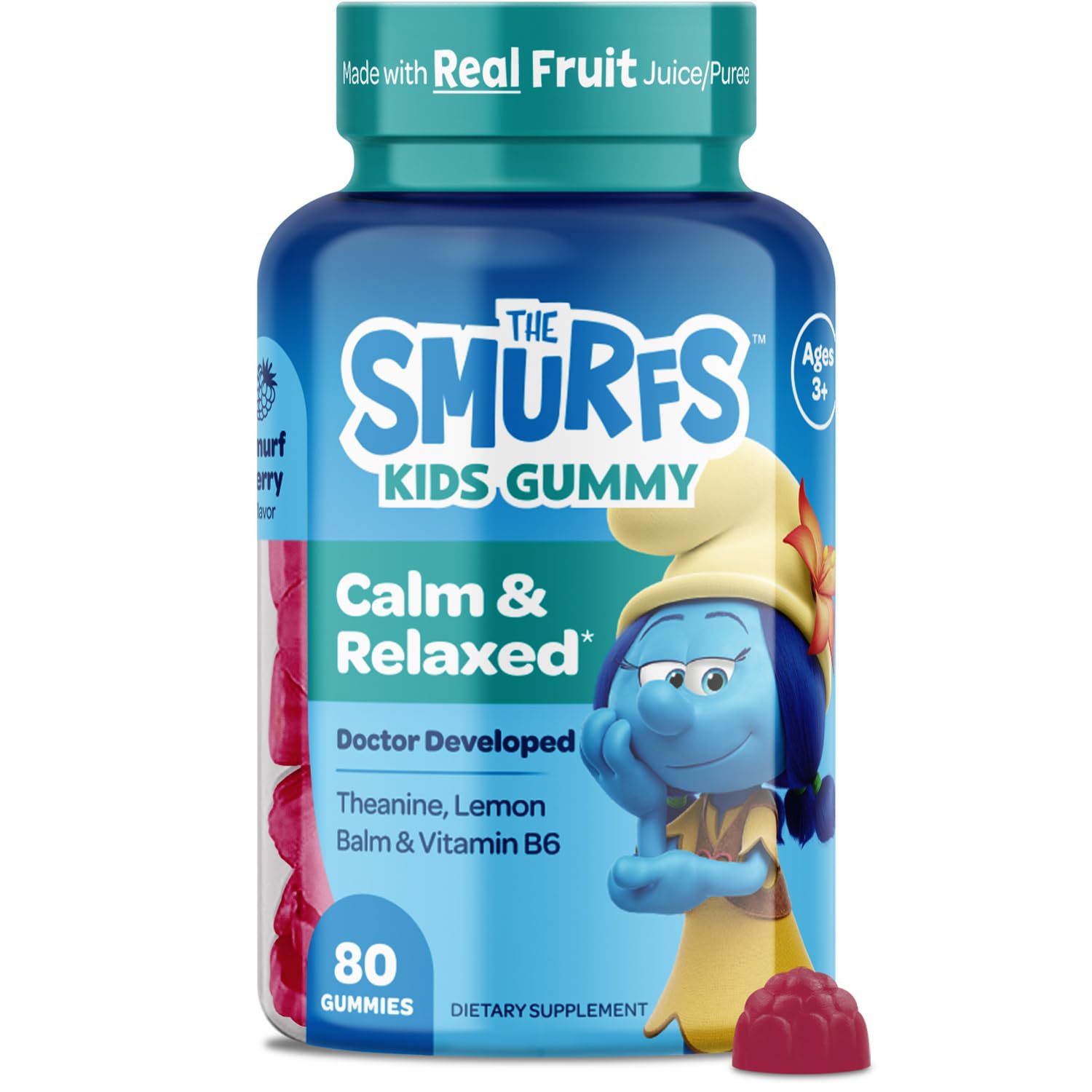 VITABURST Smurfs Kids Calm Gummies bottle for convenient calming moments